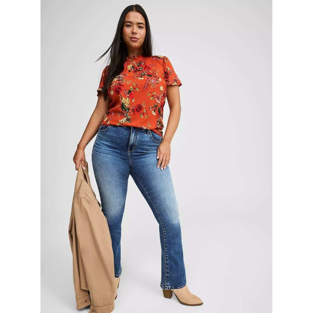 Torrid Rayon Slub Mock Neck Flutter Sleeve Top in  Long time floral chilli 0X/XL